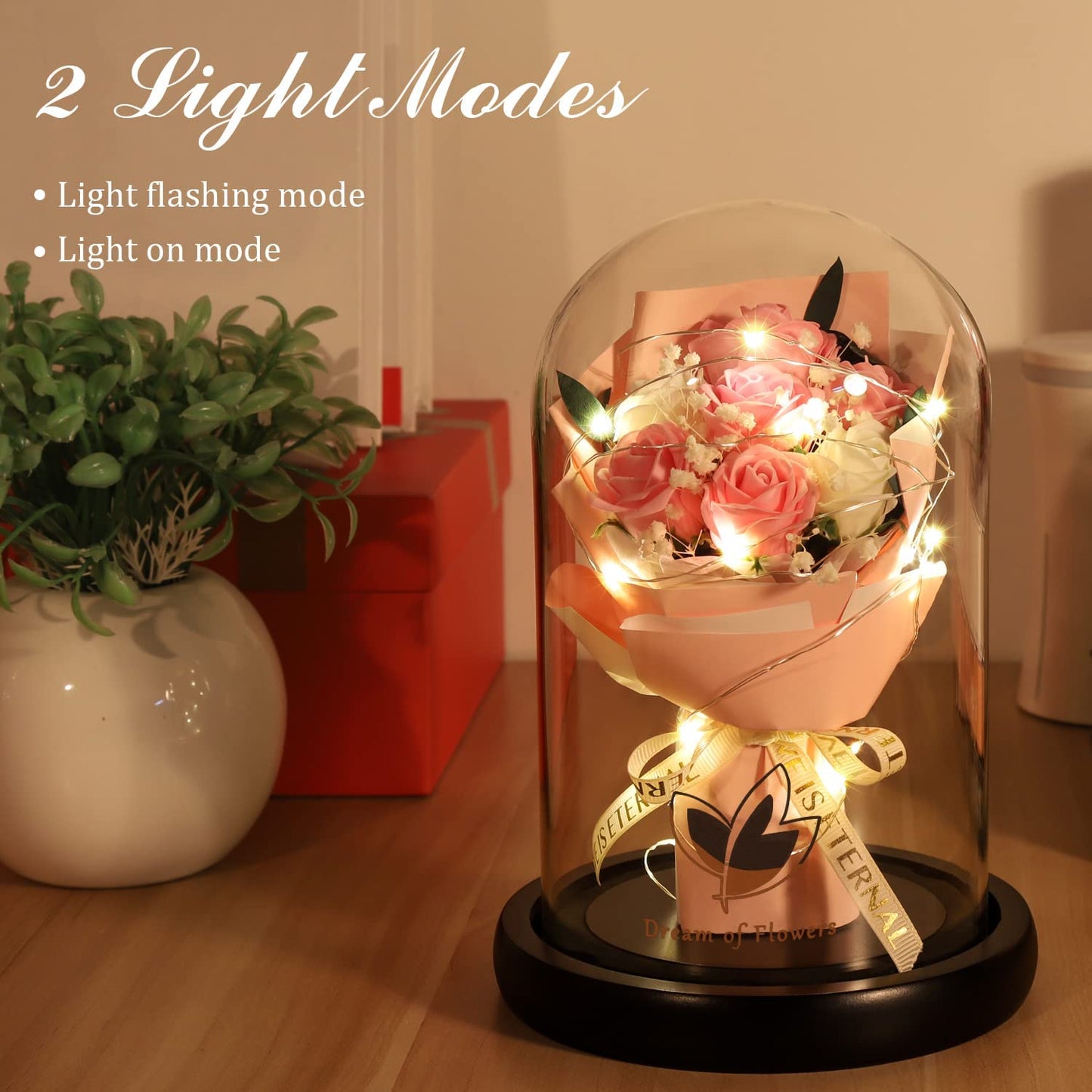 Valentines Gift Artificial Flower Rose, Light Up, Rose Flower in Glass Dome, Romantic Rose