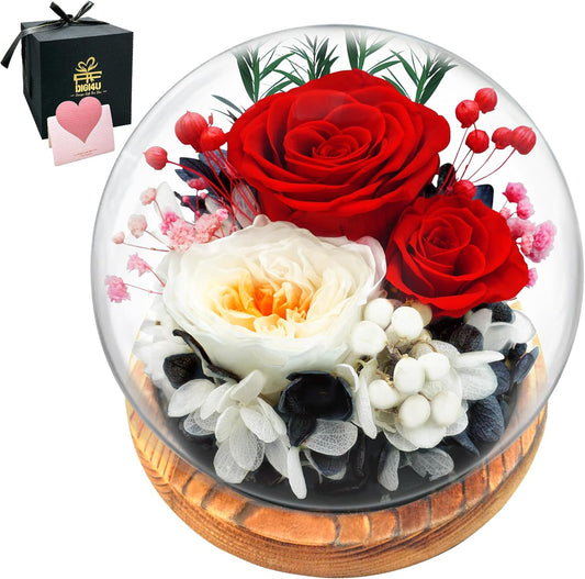 Preserved Flower Rose Gifts for Women, Valentines Day Gifts for Her, Real Rose in Glass Dome with LED Light, Birthday Gifts for Women Girlfriend Grandma Wife Anniversary, Mom Gifts from Daughter Son