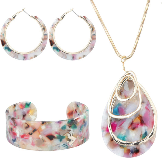 Acrylic Jewelry Set for Women Statement Boho Resin Earrings Necklace Bracelet, Floral