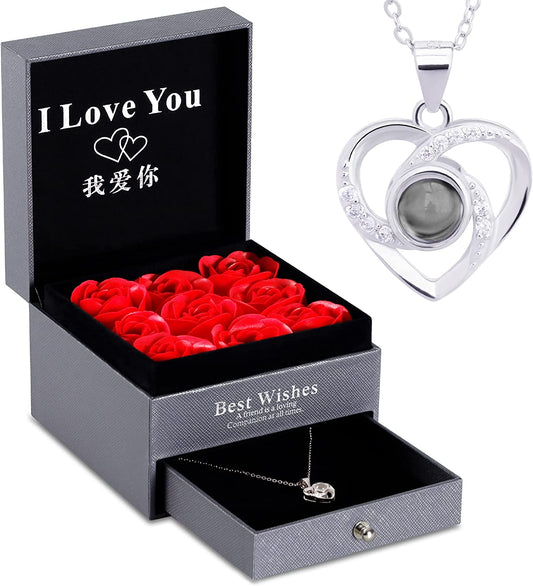 Preserved Rose w/ I Love You Necklace in 100 Languages Anniversary Gifts (A, Silver)