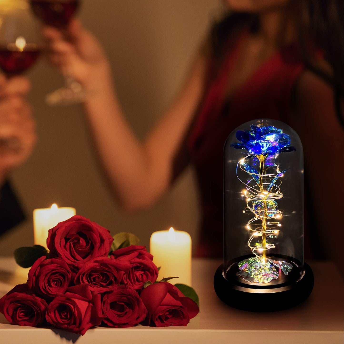 Valentines Day Rose Gift, Blue Colorful Artificial Flower, Light Up Rose Flower in Glass Dome