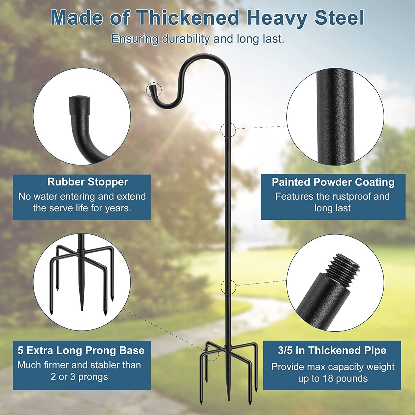 60" Shephards Hook for Outdoor, Heavy Duty Bird Feeder Pole with 5 Base Prongs, Adjustable Hook for Hanging, 2 Pack