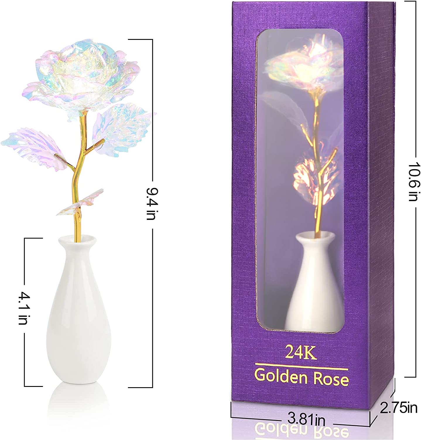 Valentines Day Gifts for Her, Rainbow Artificial Rose Flower w/ Gold Foil Stem & Ceramic Vase