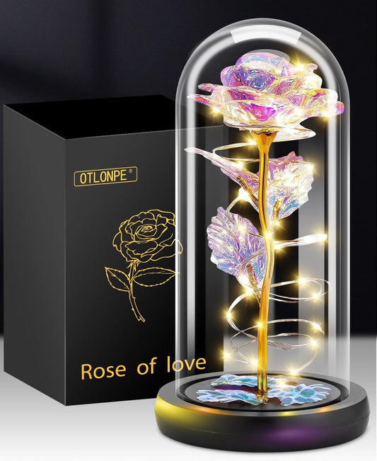 Rose Flower Gifts for Women, Valentines Day Gifts for Her, Birthday Gifts for Women, Light Up Artificial Flowers Preserved Rose in Glass Dome, Galaxy Forever Rose Gifts for Mom (Rainbow)