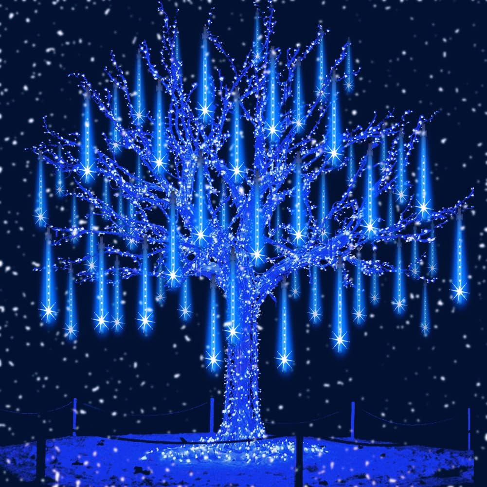 Rain Drop Lights, LED Meteor Shower Lights 11.8 inch 8 Tubes 144leds, Icicle Snow Falling Lights for Xmas Halloween Party Holiday Garden Tree Christmas Thanksgiving Decoration Outdoor (Blue)