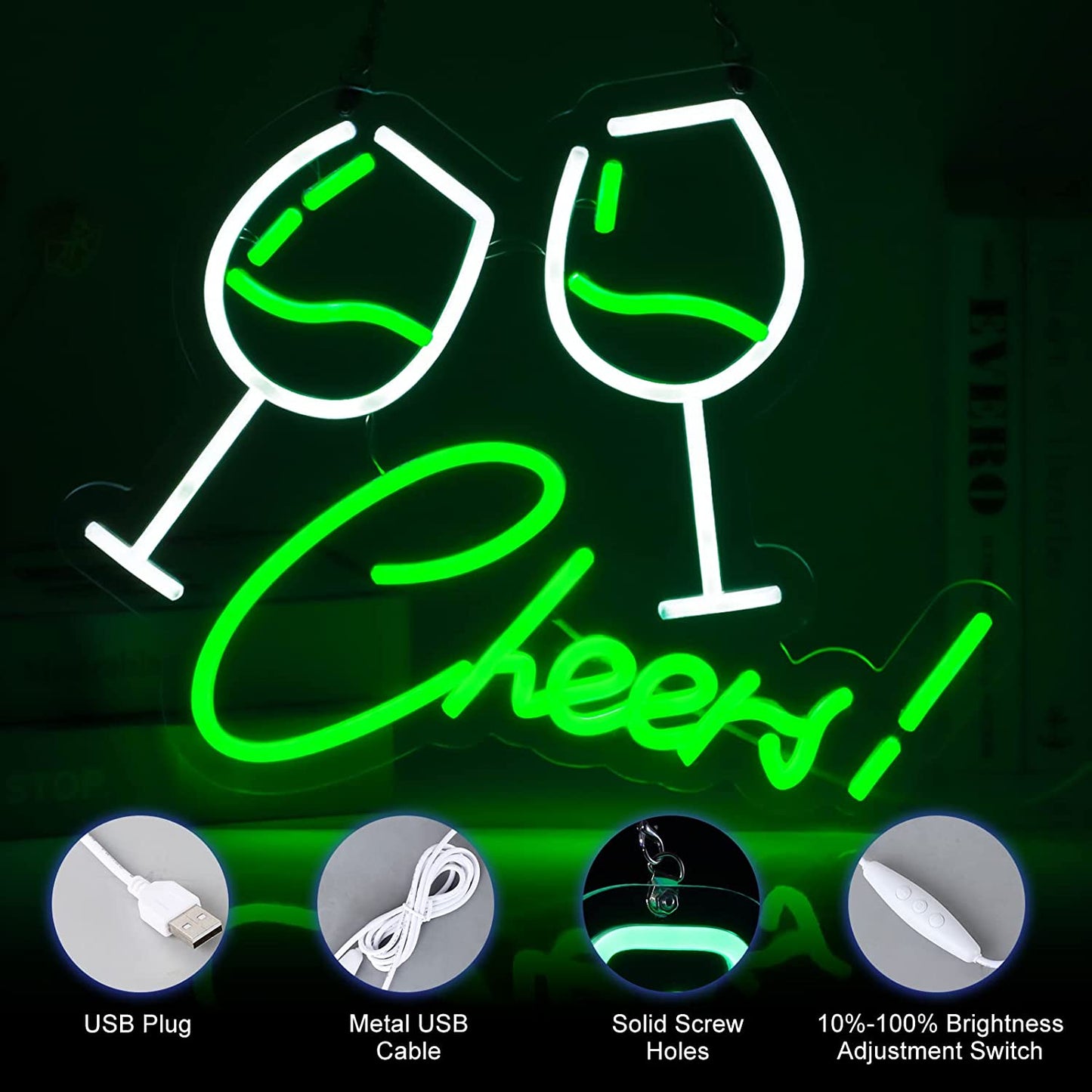 Room Decor Neon Signs, Party LED Dimmable Lights w/ USB Cable, Portable Green 14.8"x11.2"