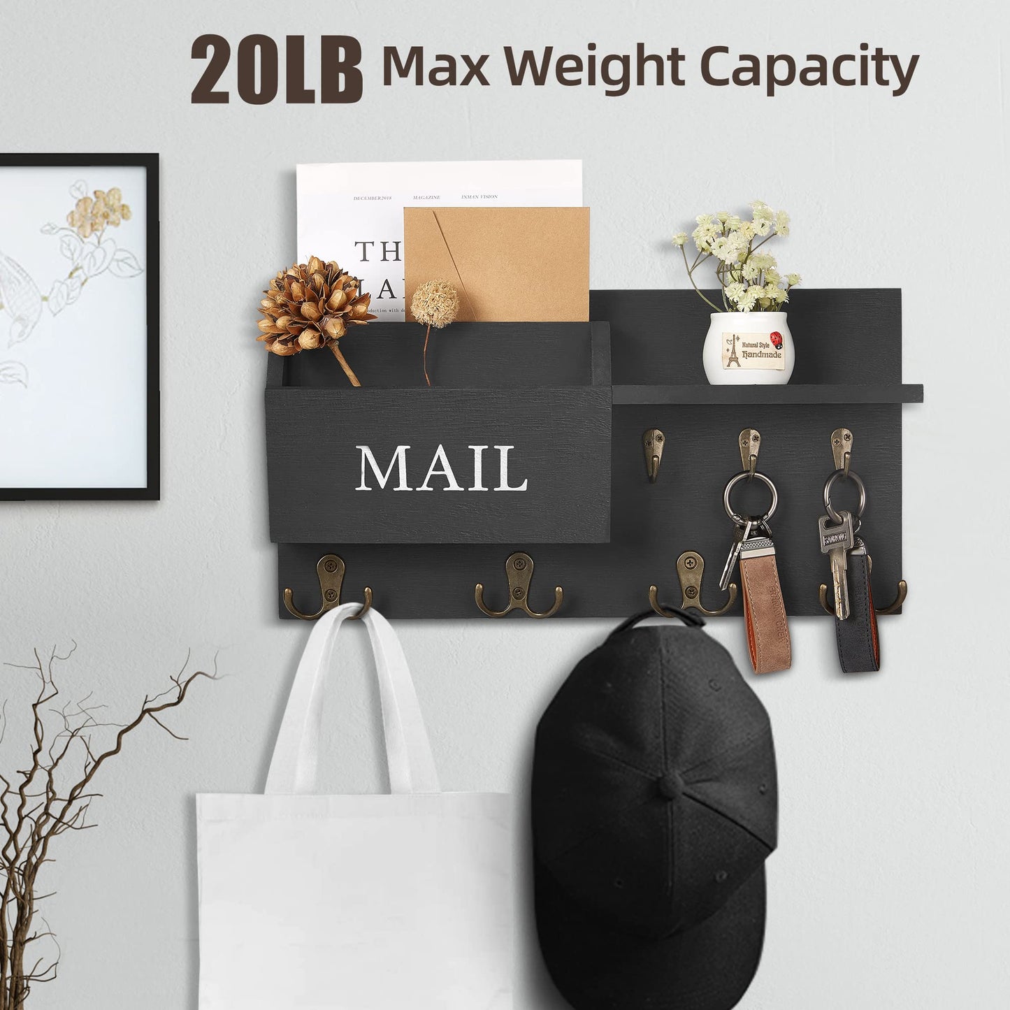 Key Holder for Wall, Mail and Key Hanger Wall Mount with Double Key Hook and Hat Coat Rack Shelf