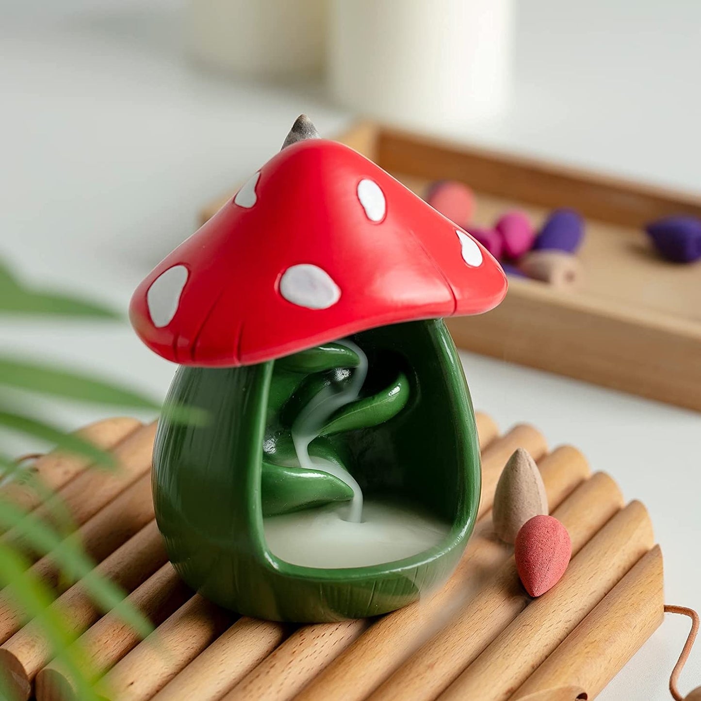 Cute Mushroom Incense Holder with 60 Incense Cones- Green