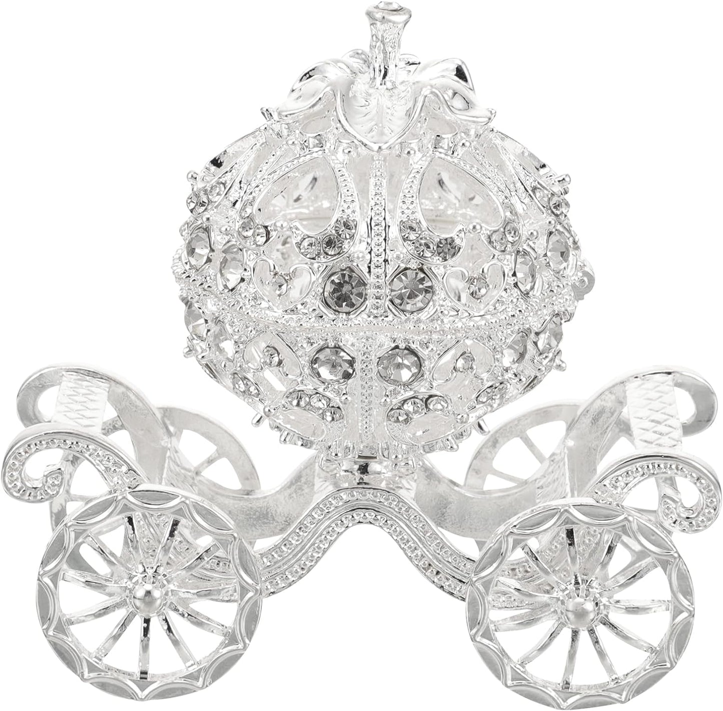 Silver Rhinestone Princess Crystal Pumpkin Carriage Trinket Jewelry Box Collectible Figurine Decorative Jewelry Ring Display Holder Table Sculpture