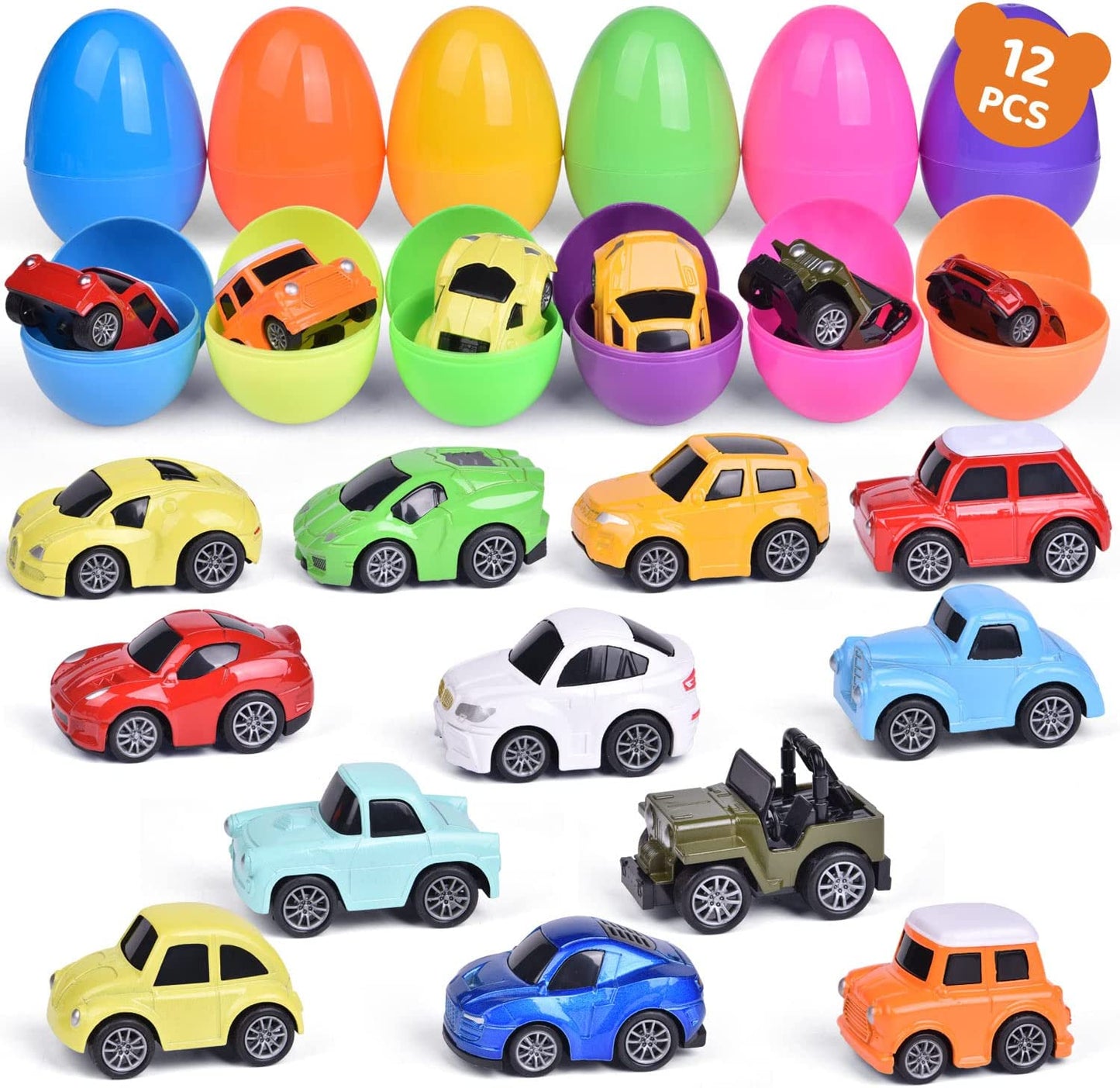 12Packs Easter Eggs Prefilled with Pull Back Cars, Diecast Cars Toy Vehicles for Toddlers, Easter Basket Stuffers