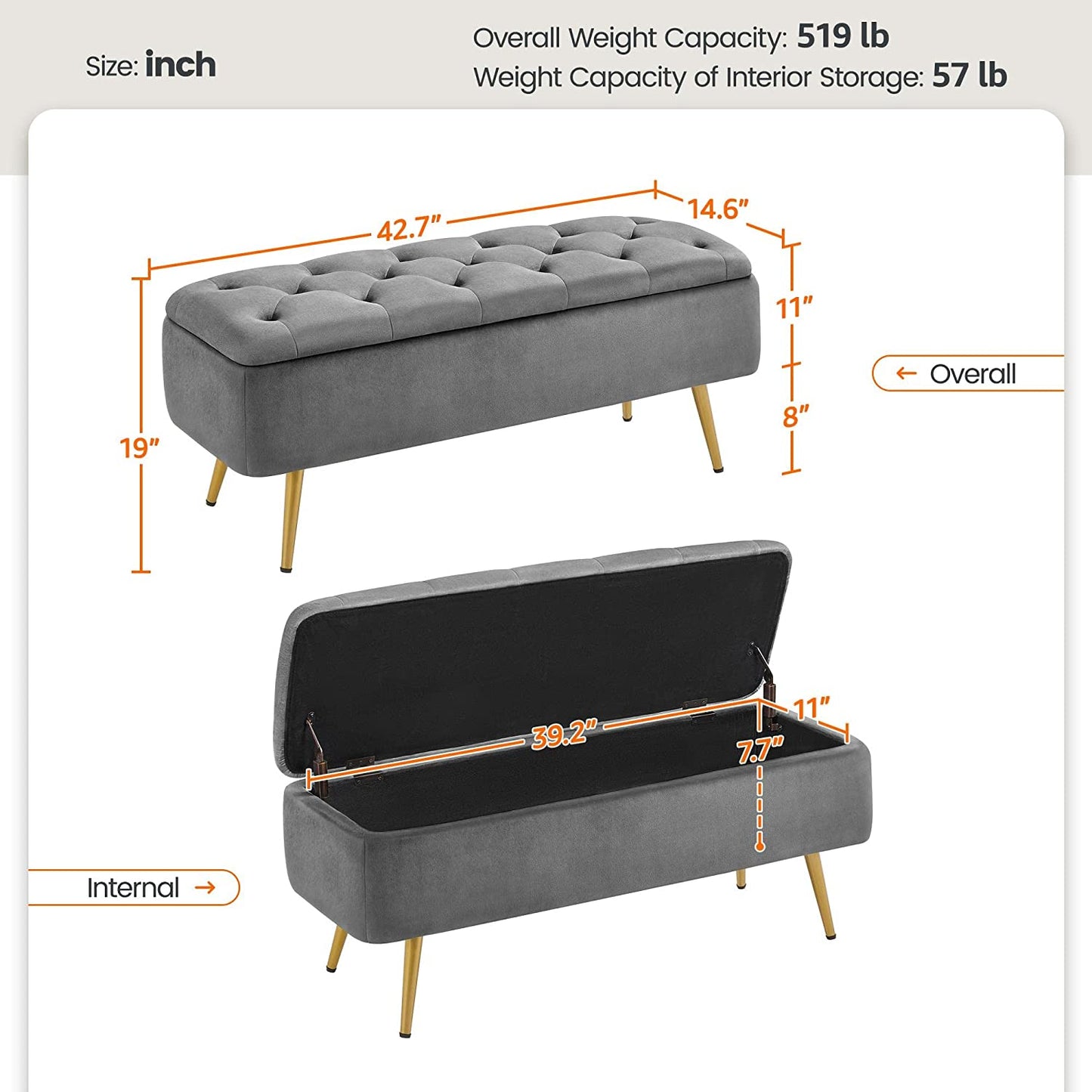 Folding  Storage Ottoman Bench 42.7 Inches -Gray