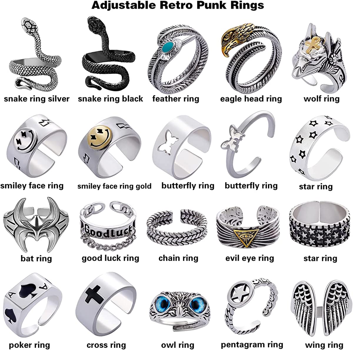 Men's Vintage Open Rings Set Frog Snake Skull Cool Punk Goth Ring Adjustable, Silver-20 Pcs