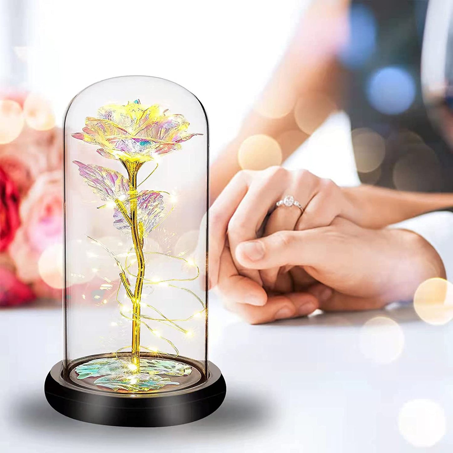 Galaxy Flower Rose Gifts, Artificial Flower Rose w/ LED Flowers in Glass Dome