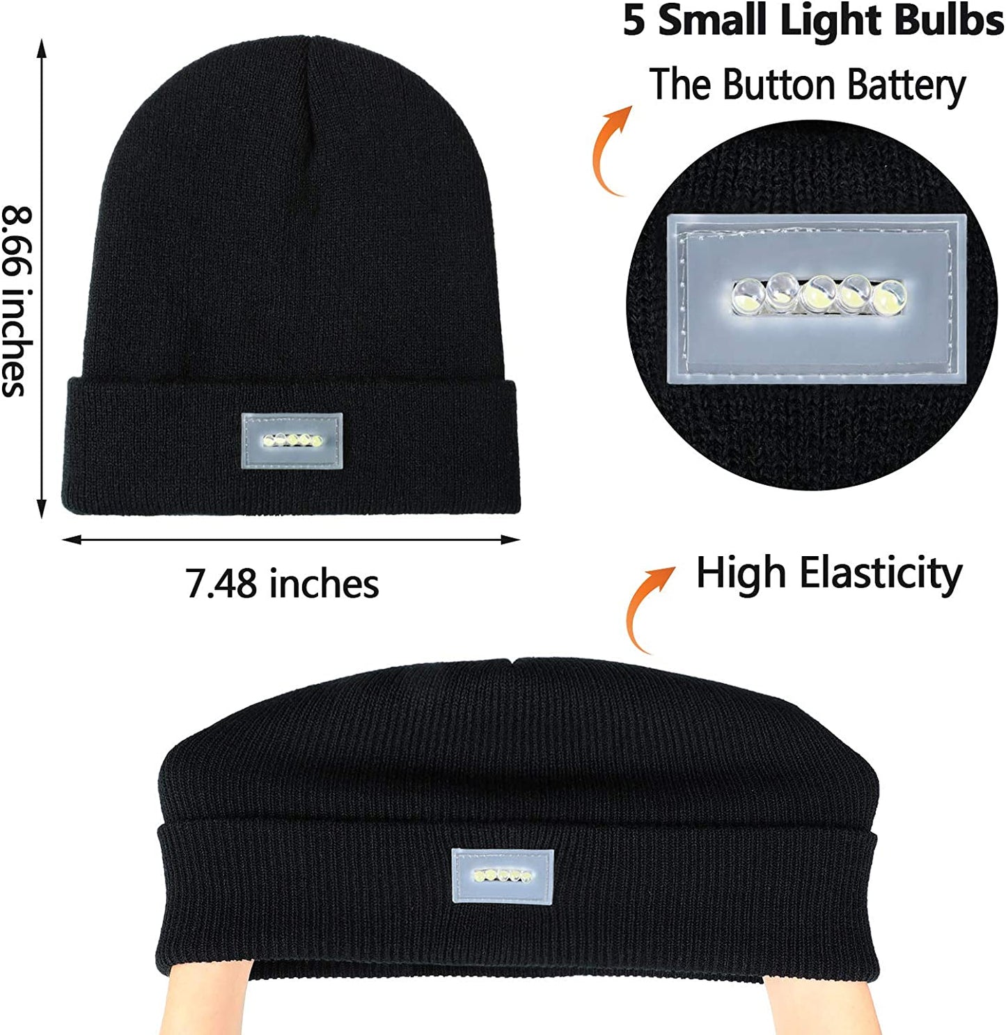 2 Pieces Winter LED Beanie Hats Warm Knitted Hat with Light LED Headlamp for Men Women