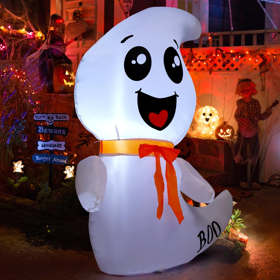 4 FT Cute Ghost Blow Up Yard with Built-in LEDs for Indoor /outdoor Garden Lawn Party Decorations