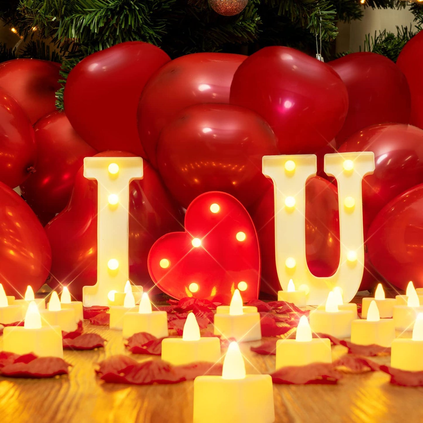 I Love U Light Up Letters Valentines Decoration w/ 24Pcs Flameless Candles 1000Pcs Red Fake Rose Petals 30Pcs Red Balloons