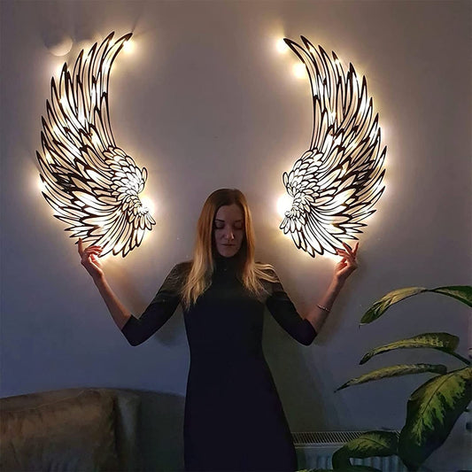 Angel Wings Wall Art Decoration with Lights, Metal 3D (Single Size: 8''W x 16''H)