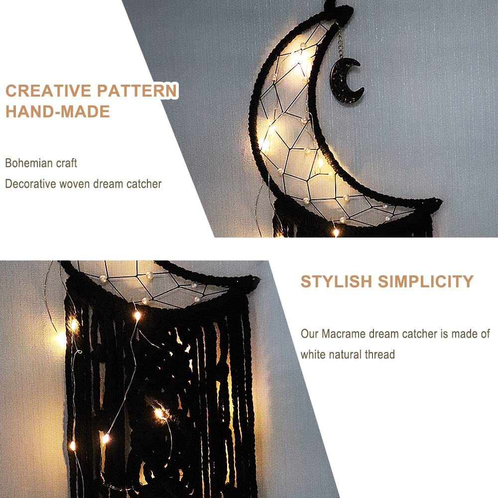 Moon Star Macrame Woven Dreamcatcher w/ Light, Bohemian Wall Hanging Decoration (Black Moon)