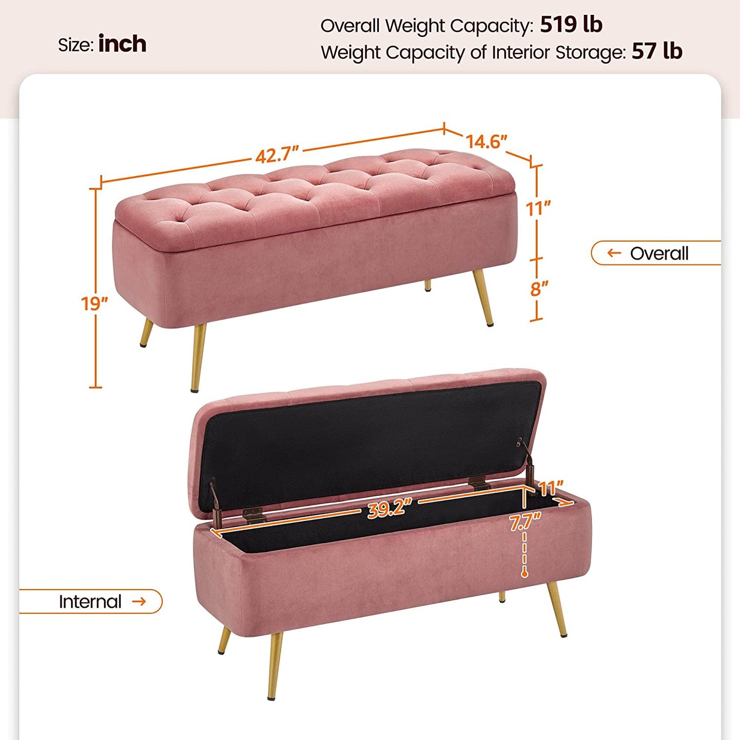 Folding Storage Ottoman Bench 42.7 Inches -Pink