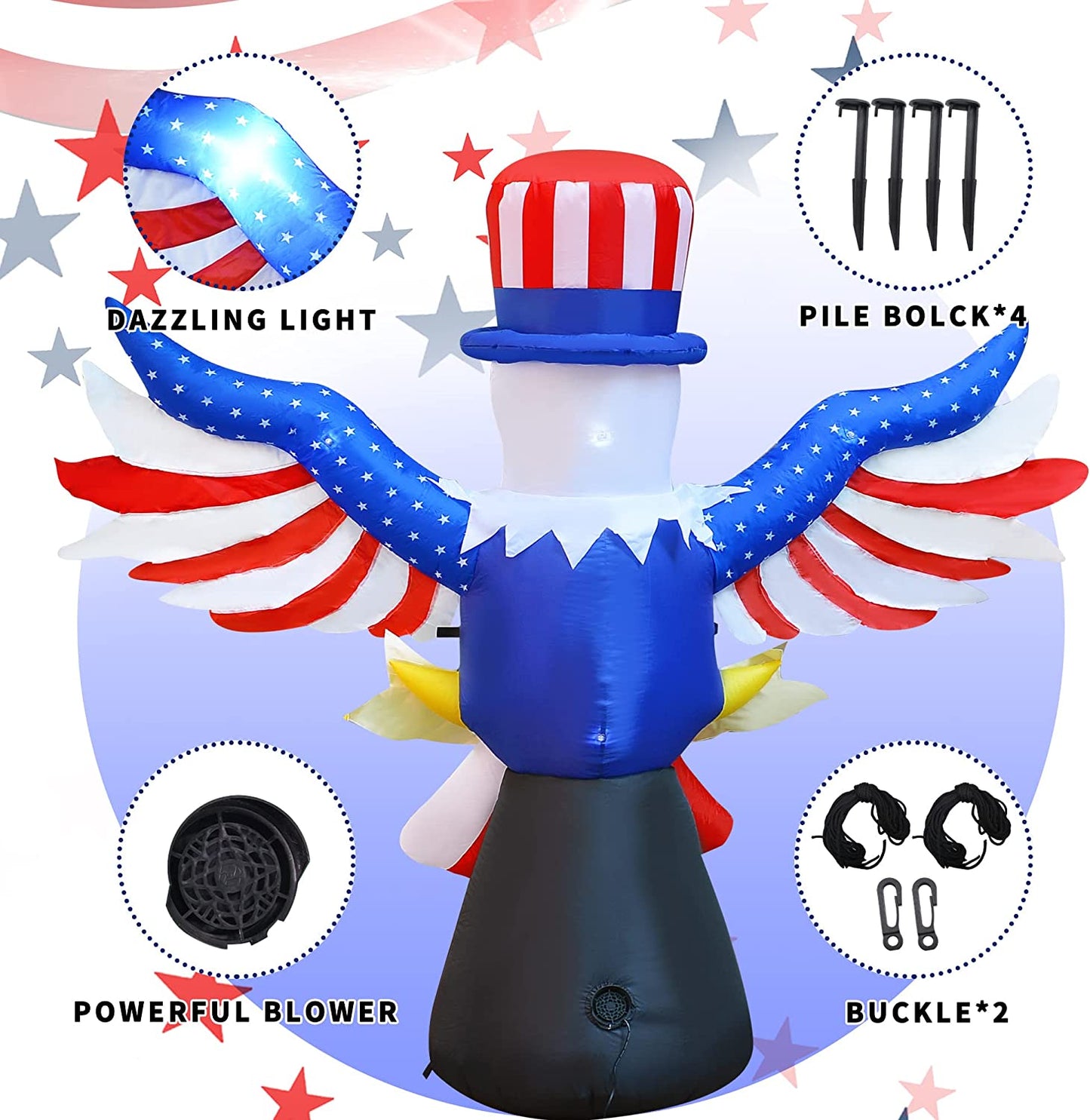 6FT Independence Day Inflatable 4th of July Inflatables Blow up Patriotic Flying Bald Eagle Decoration w/ LEDS