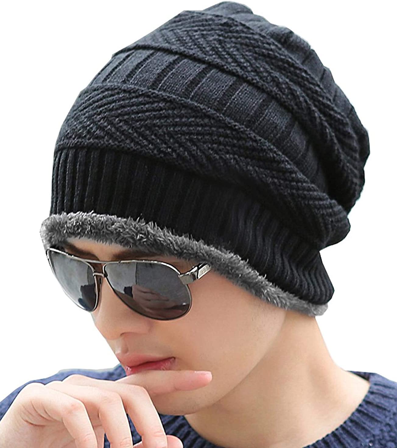 2 Pack Winter Beanie Hat Set Warm Knitted Beanie Skull Cap, D-Black +Navy, 2 Pack