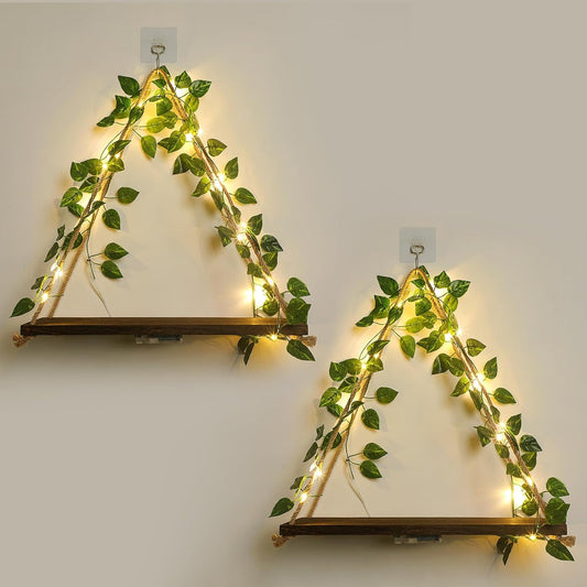Floating Shelves,Bedroom Wall Decor,Macrame Shelf,No Drilling Installation,Decorative Leaves and Light Strip,Set of 2 Plant Shelf Wall,Christmas for Decorating Room.(Green Leaf)