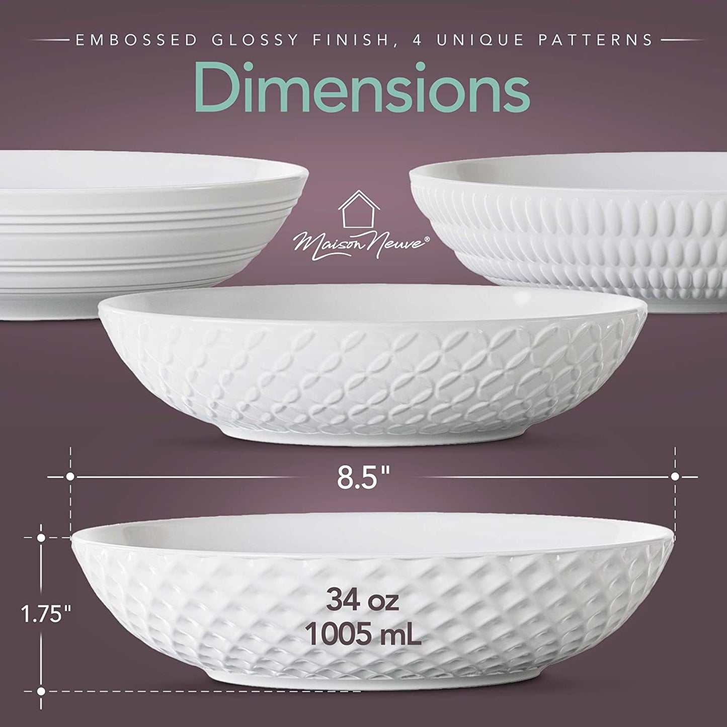 Premium Porcelain White Dinner Bowls [Set of 4]- 34oz -Textured White