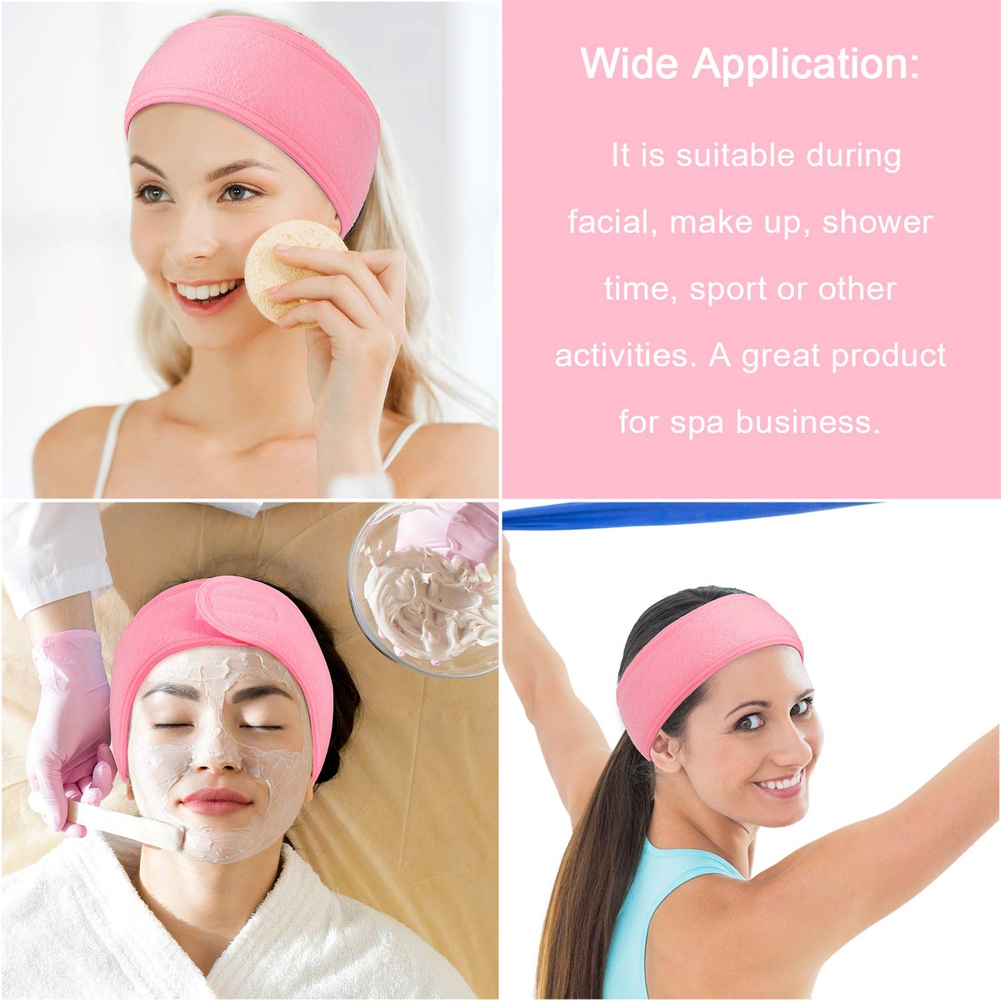 4 PCS Spa Headband, Make up Hair Band, Stretch Terry Cloth Headband for Sport Yoga Shower (Pink)