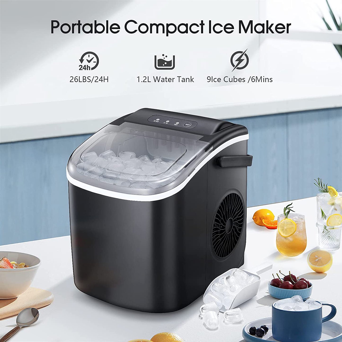 Ice Makers Countertop, Portable Ice Maker Machine with Handle,Self-Cleaning 26Lbs/24H, 9 Ice Cubes Ready in 8 Mins