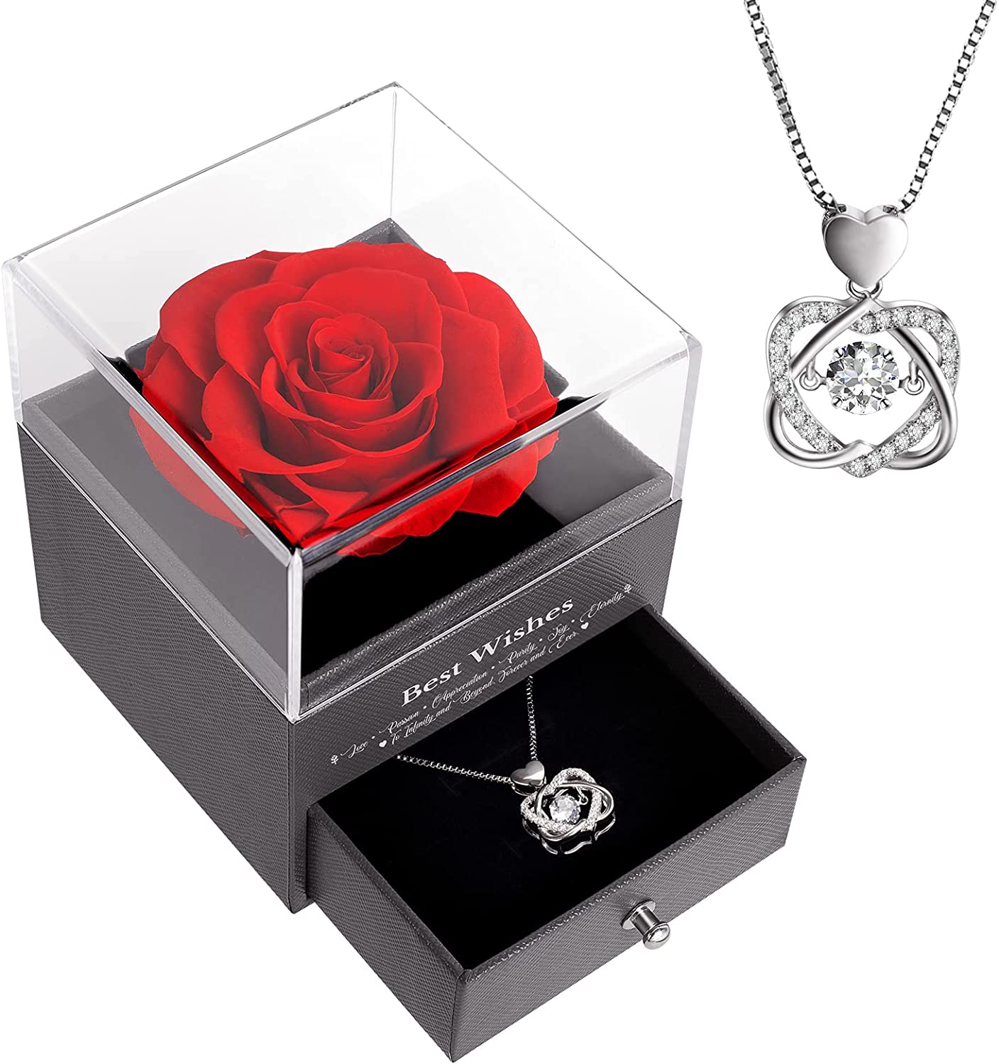 Preserved Real Rose w/ Dancing Heart Necklace. Birthday Gifts for Mom Girlfriend (Red)