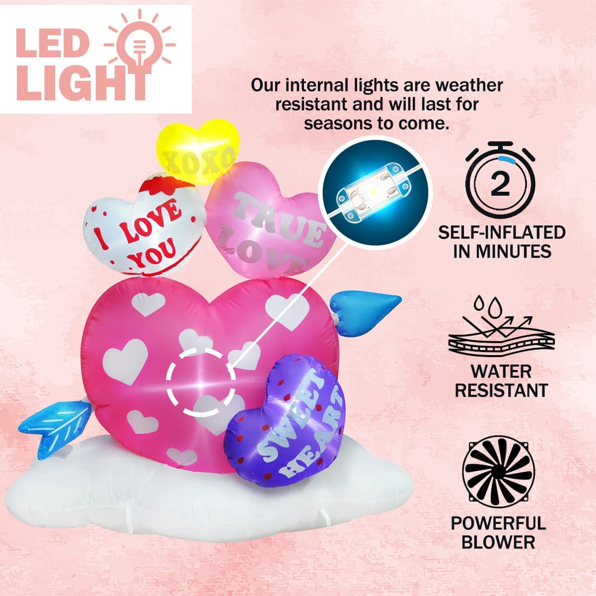 6ft Inflatable Valentine Hearts with Arrow Decoration, LED Blow Up Lighted Decor