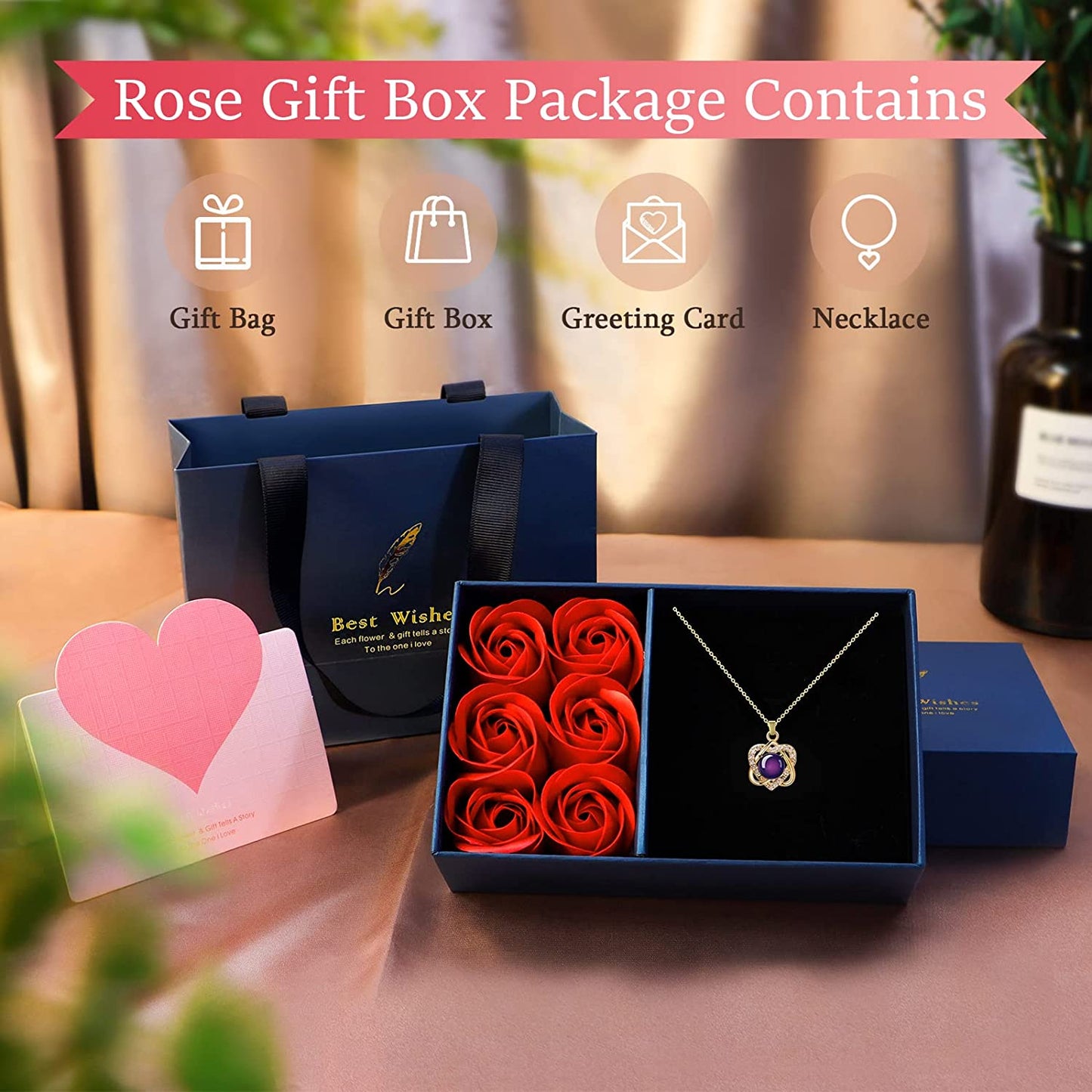 Preserved Rose w/ Necklace Changing Color Temperature Sense, Romantic for Her/Mother's Day Gift