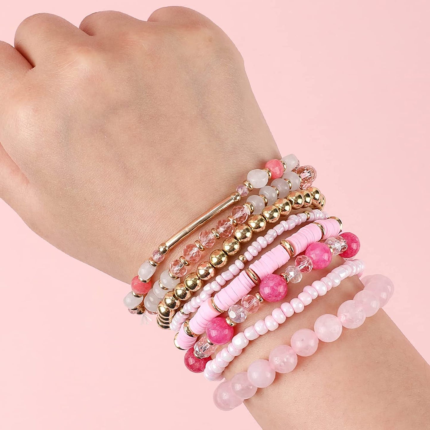 Pink Bracelets Bohemian Multi-Layer Beaded Stacking,8 Pcs Versatile Strand Stretch Sparkly Crystal Beads