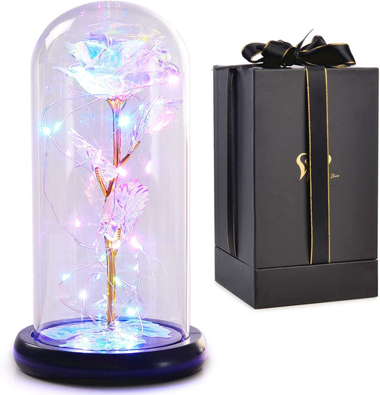 Rainbow Galaxy Artificial Rose, LED Light Up Flower Rose in Glass Dome, Rainbow