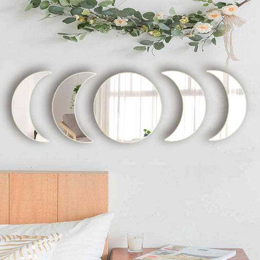 5 Pieces Acrylic Mirror Wall Stickers Natural Wall Decor Self Adhesive Mirrors Stickers Moon Phase Mirror Bohemian Wall Decoration for Home Living Room Bathroom Bedroom Decor (20cm)