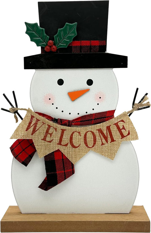 Farmhouse Snowman Welcome Sign Red Plaid Scarf Wooden Winter Decor Rustic Vintage Holiday Block Tabletop for Home Kitchen Mantel Tiered Tray Gift