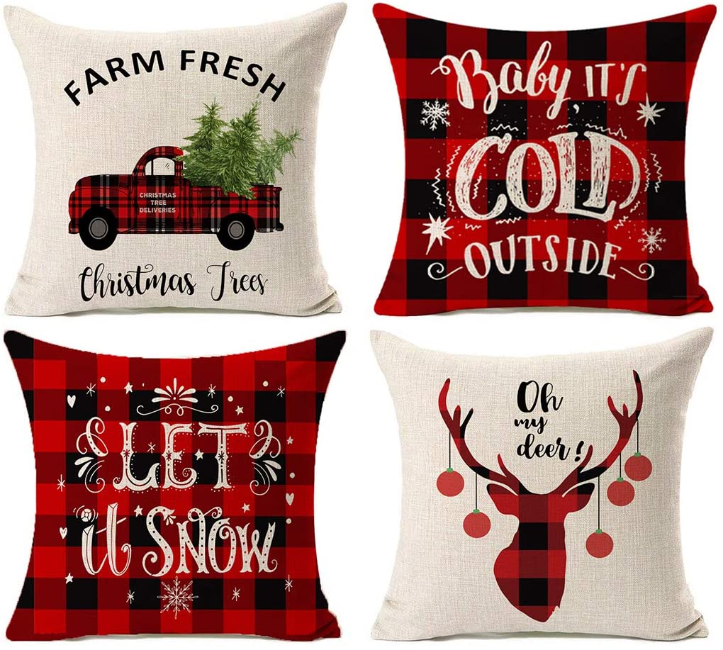 Set of 4 Christmas Decorations Pillow Covers Christmas Buffalo Plaid Farmhouse Cushion Cover 18 x 18 Inch