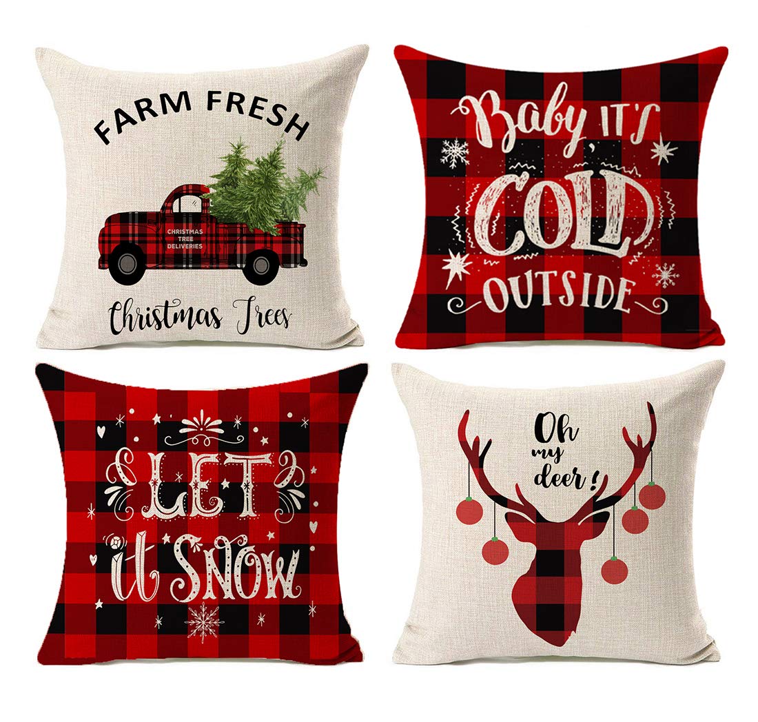 Set of 4 Christmas Decorations Pillow Covers Christmas Buffalo Plaid Farmhouse Cushion Cover 18 x 18 Inch