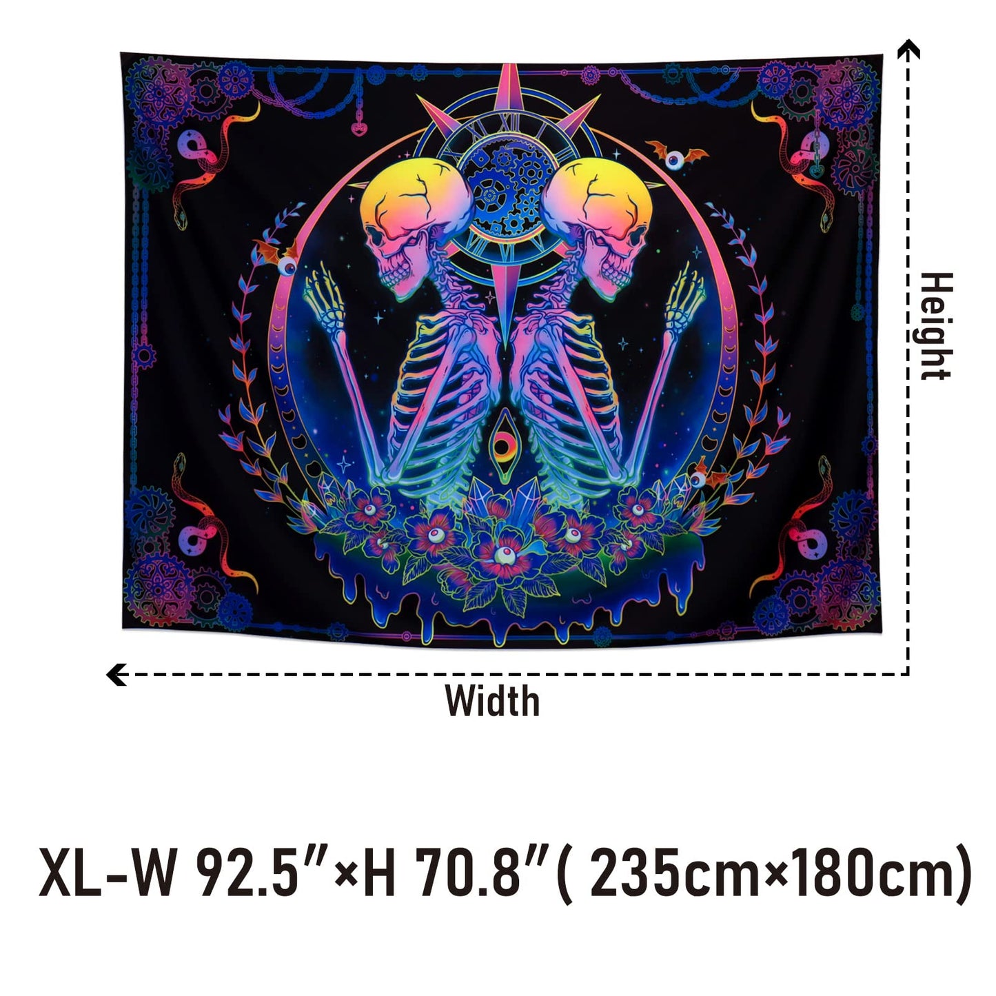 Blacklight Tapestry UV Reactive Skelton Wall Psychedelic Celestial Colorful Flower