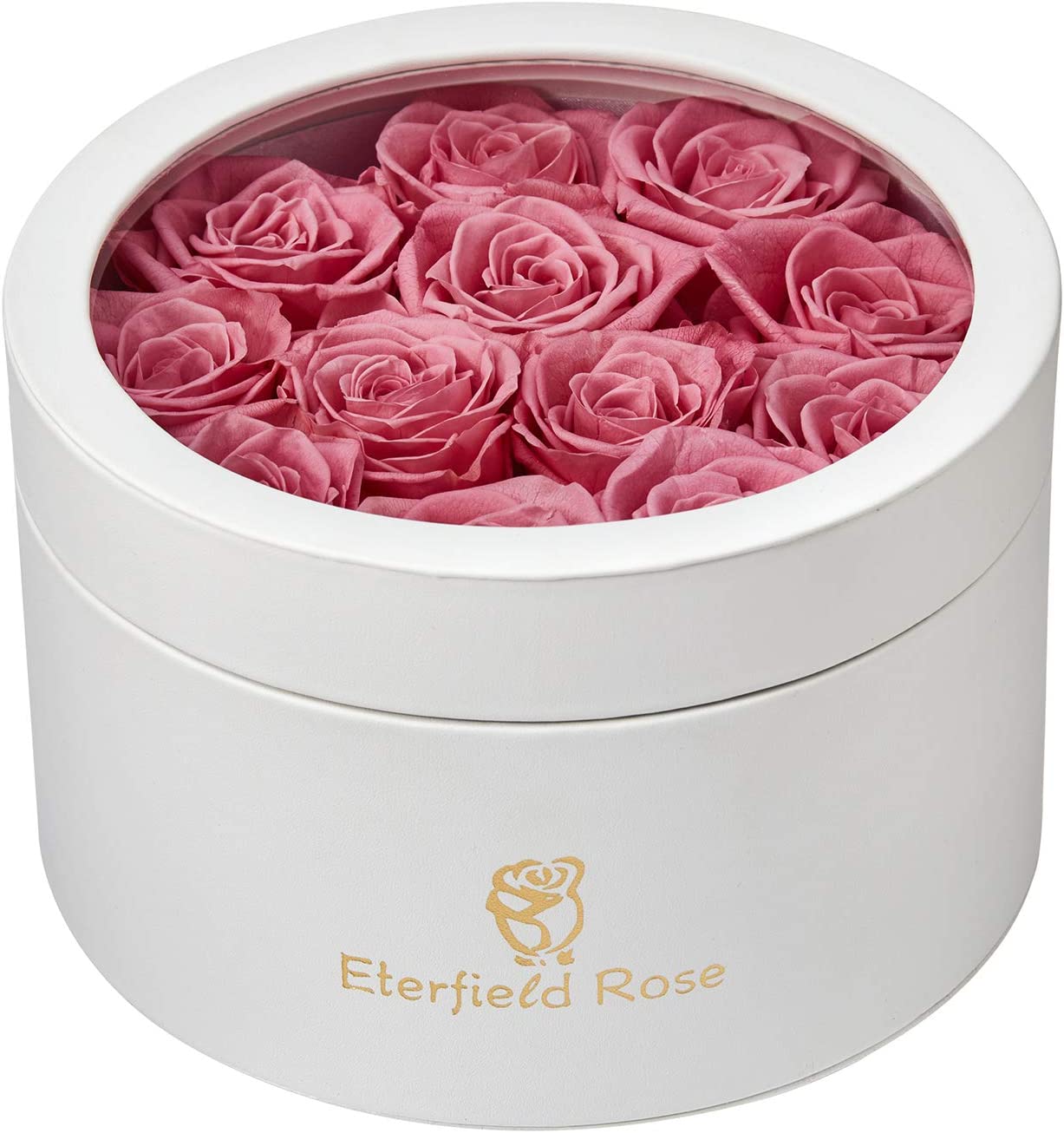 Preserved Roses That Last a Year Eternal Roses in Box Real Rose without Fragrance Gift for Her/Mothers Day(Pink Rose, Round White PU Leather Box)