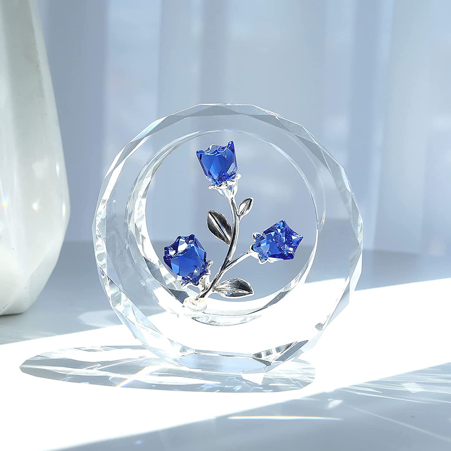 Crystal Tulips Flower Figurines with a Outer Circular Ring for Home Decoration, Cobalt Blue