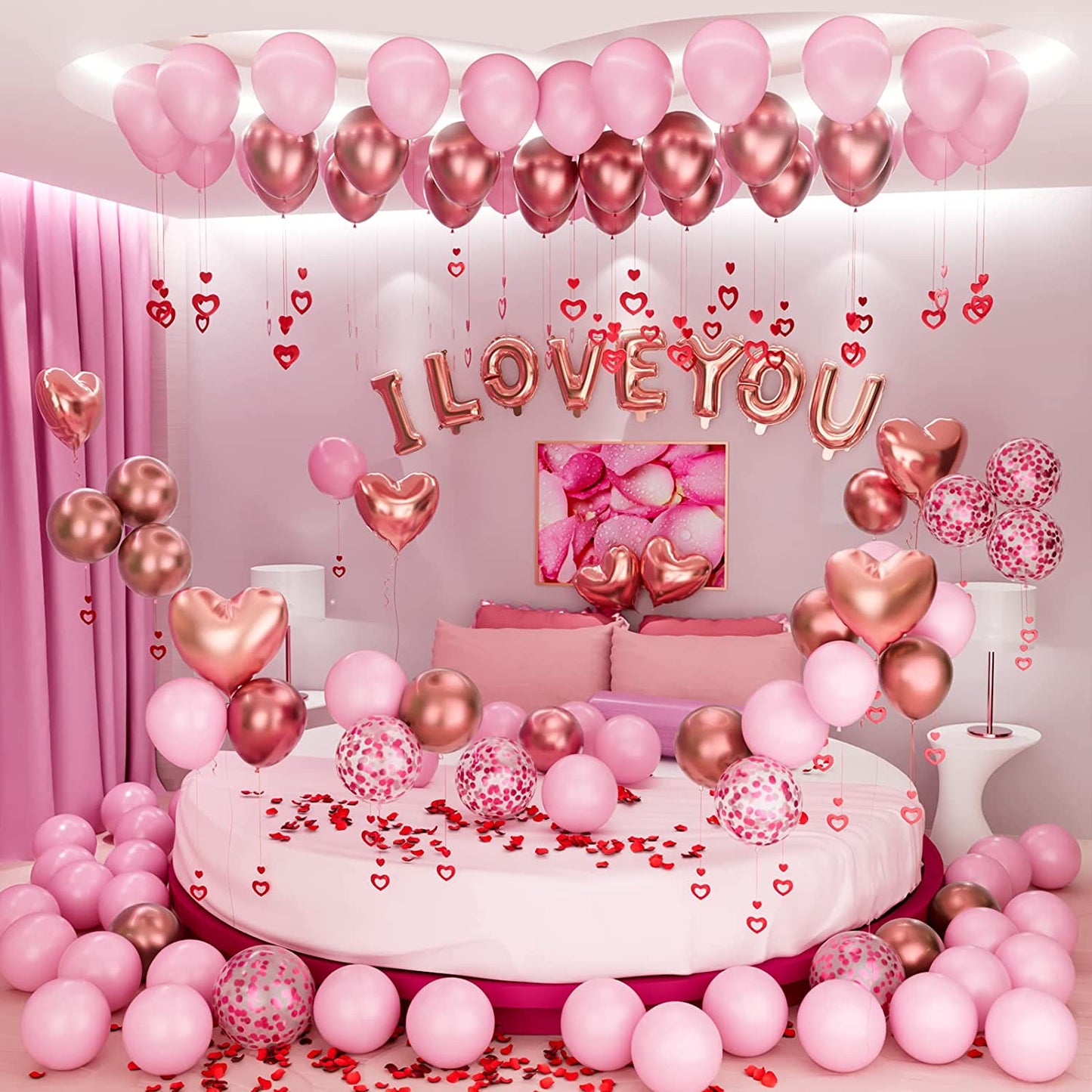 Valentines Day Balloons Kit with Rose Gold Pink Heart Balloons Rose Petals