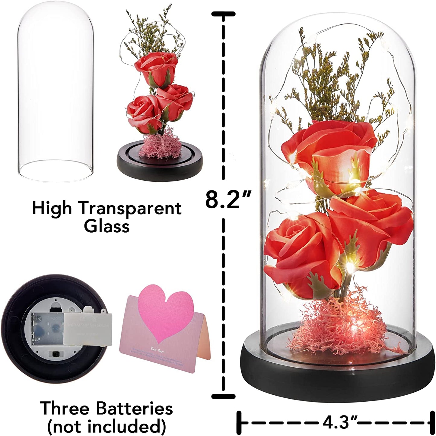 Preserved Flower Gift, Light Up Rose in Glass Dome, Eternal Forever Rose, Red