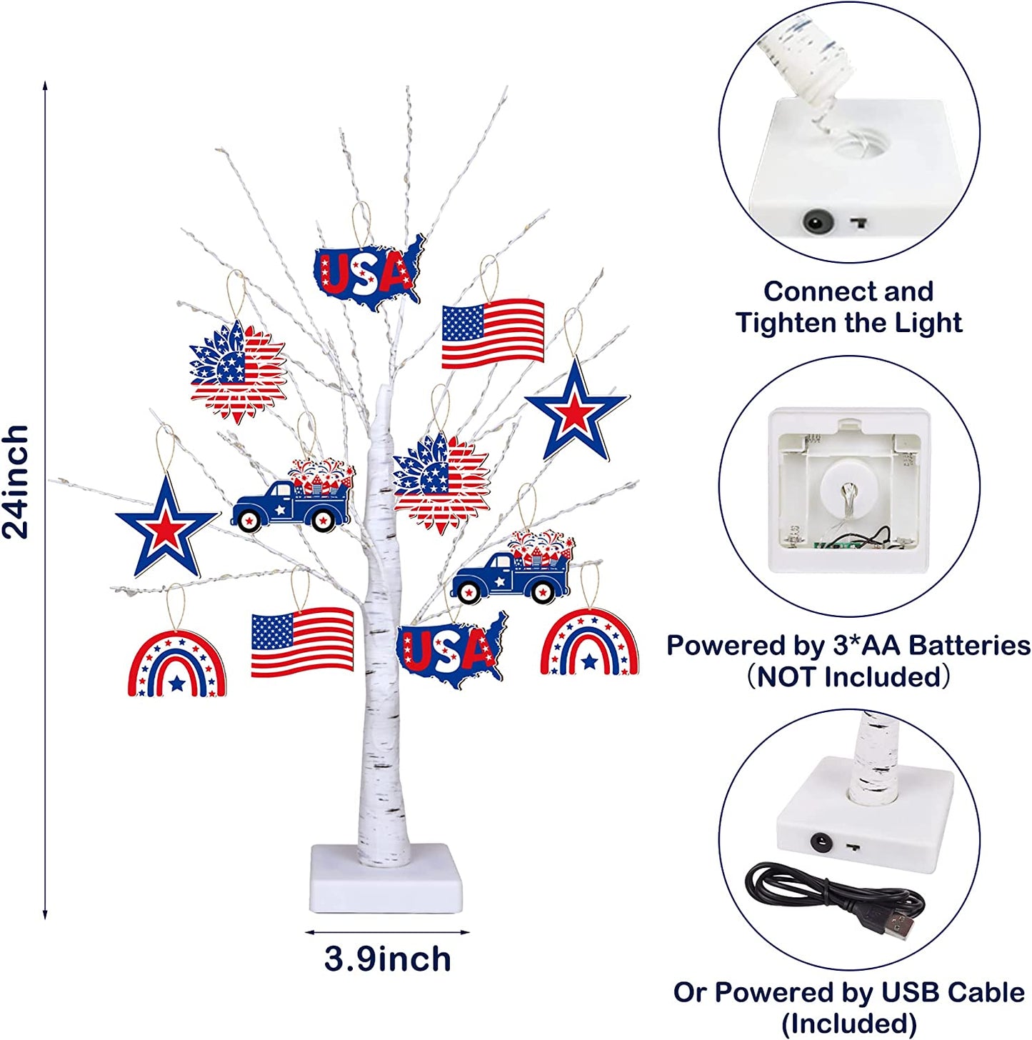 4th of July  Decoration Tree Light w/ 12 Patriotic Wooden Signs, [TIMER, USB/Battery Operated]