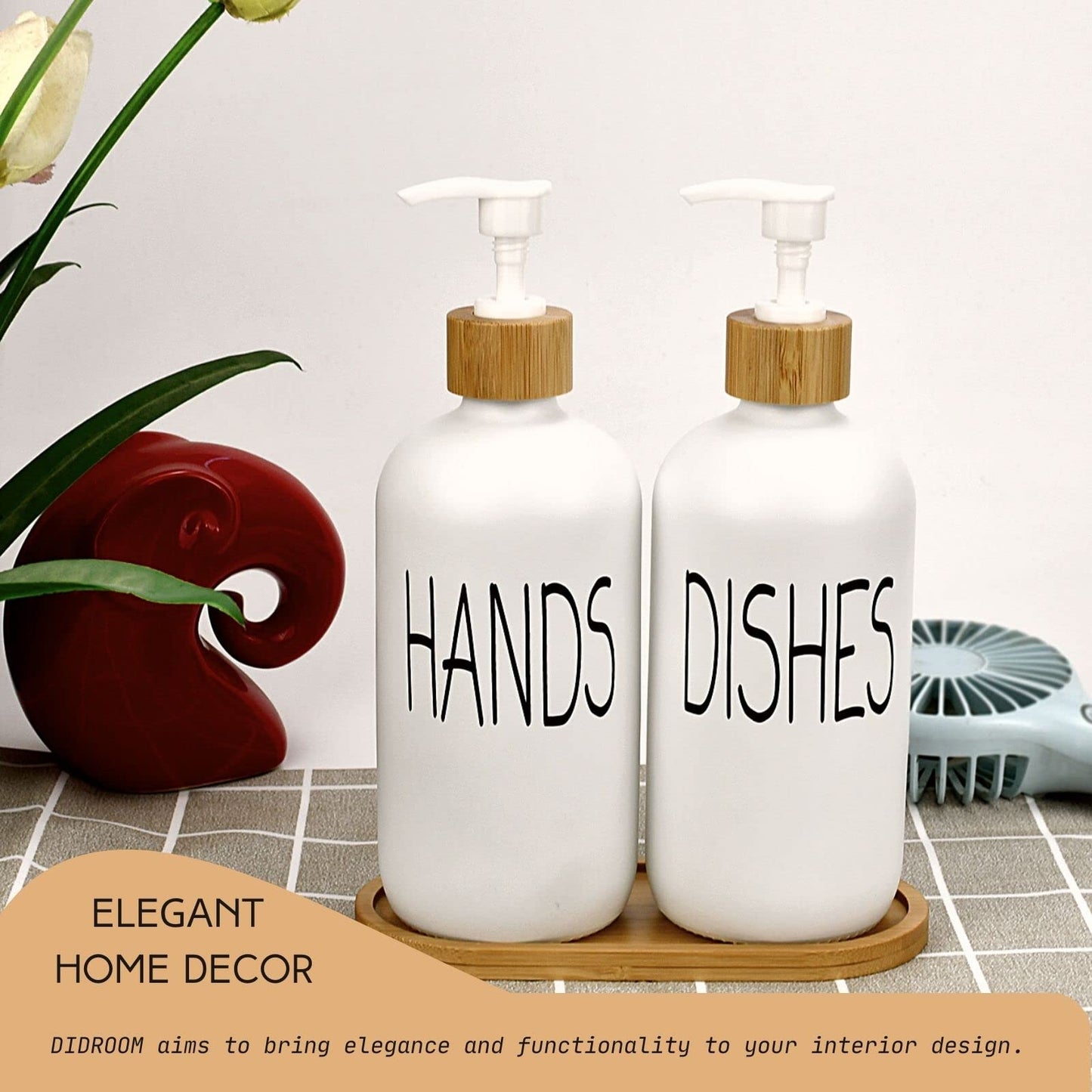Glass Soap Dispenser Set. Hand Soap and Dish Soap Dispenser with Bamboo Tray. Vintage Soap Dispenser