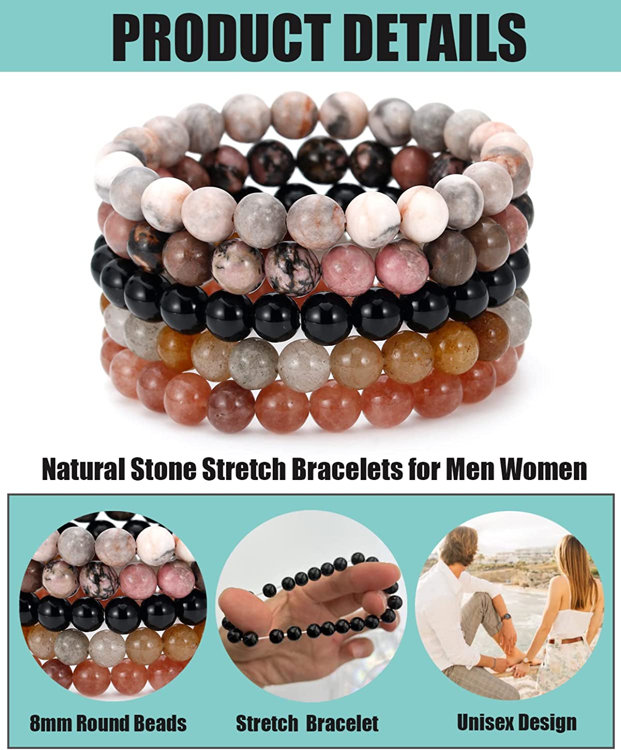 5PCS Semi-Precious Gemstone Bracelet - Healing Crystal Stone Beaded Bracelets for Women Men 8mm