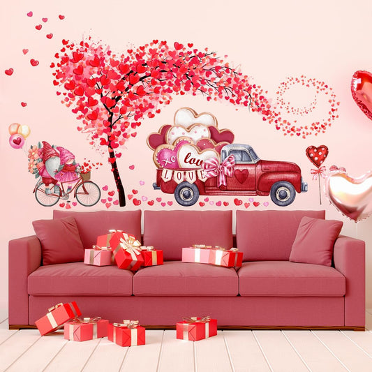 Valentine's Day Wall Decals Stickers 2 Sheets Heart Tree Gnome Red Truck Wall Stickers Removable Valentines Stickers Heart Wall Decor Love Car Decal for Anniversary Valentines Day Living Room Decor