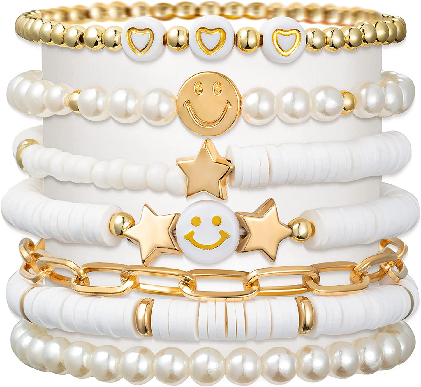 Preppy Heishi Bracelets White Gold Smile Heart Star Evil Eye Beaded Polymer Clay Pearl Stackable Charm Set