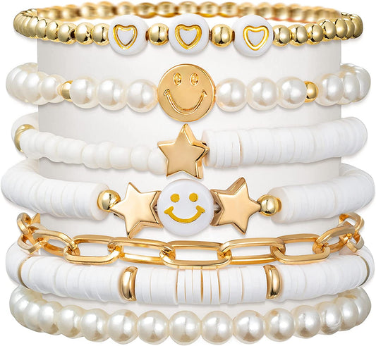 Preppy Heishi Bracelets White Gold Smile Heart Star Evil Eye Beaded Polymer Clay Pearl Stackable Charm Set