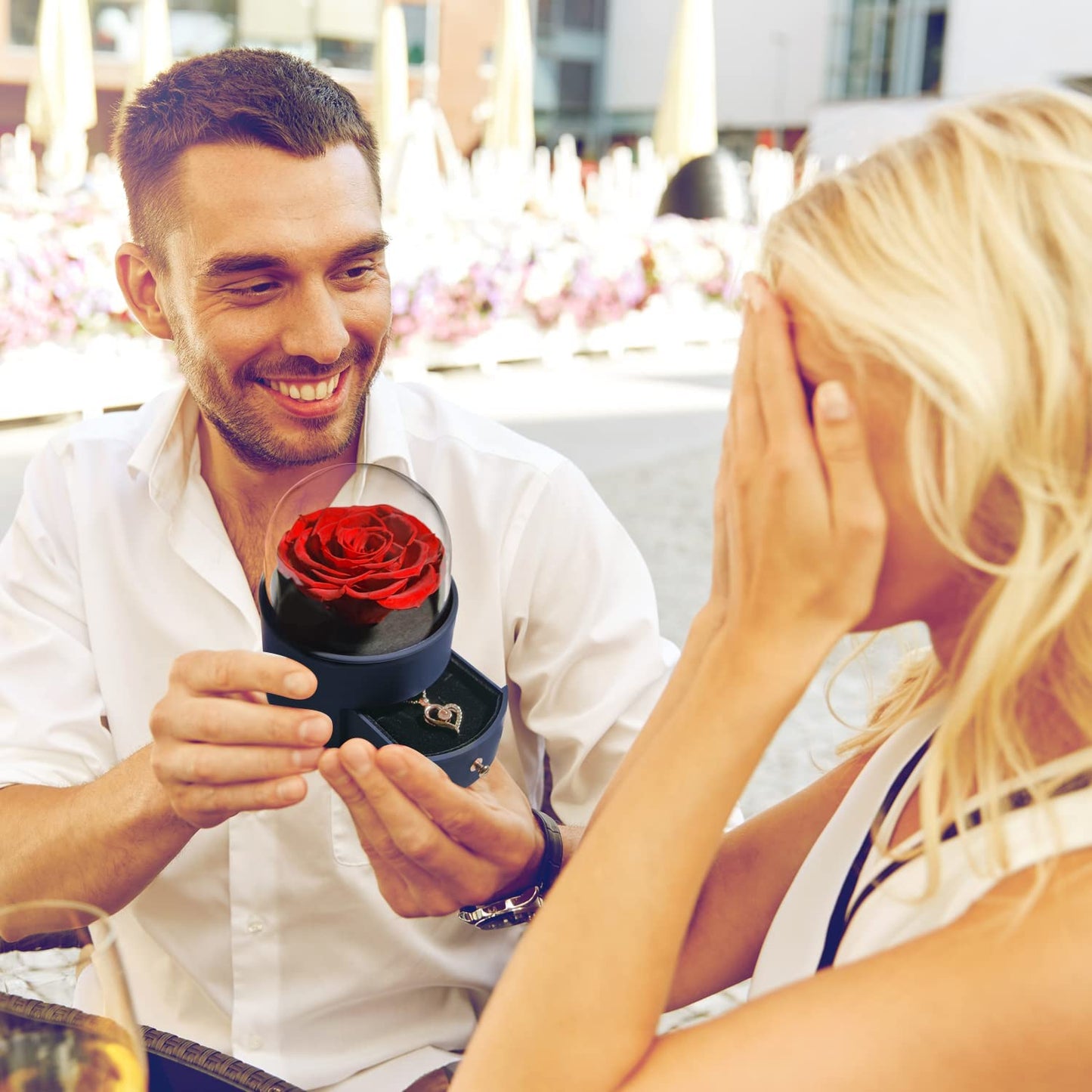 Gift for Valentines Day, Preserved Red Eternal Roses w/ I Love You Necklace in 100 Languages (Red)